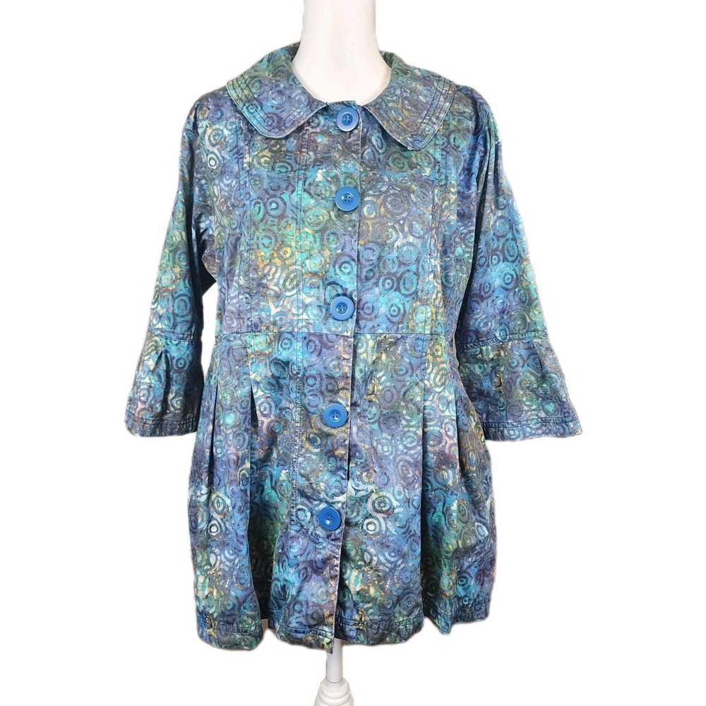 Frazzle Babydoll Jacket Womens XL Blue Green Swirl Tie Dye Pockets Boho Chic Art
